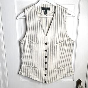Vintage Ralph Lauren White Jean Vest Navy Pinstriped Nautical Buttons W1763 Sz L